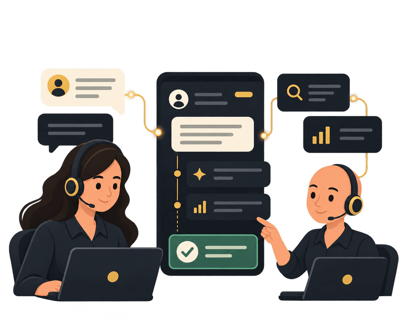 Collaborative support dashboard where a human team and AI work on tickets together